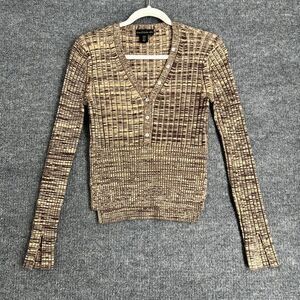 House of Harlow Womens Rib Knit Henley Sweater Size M Brown Space Dye Fitted EUC